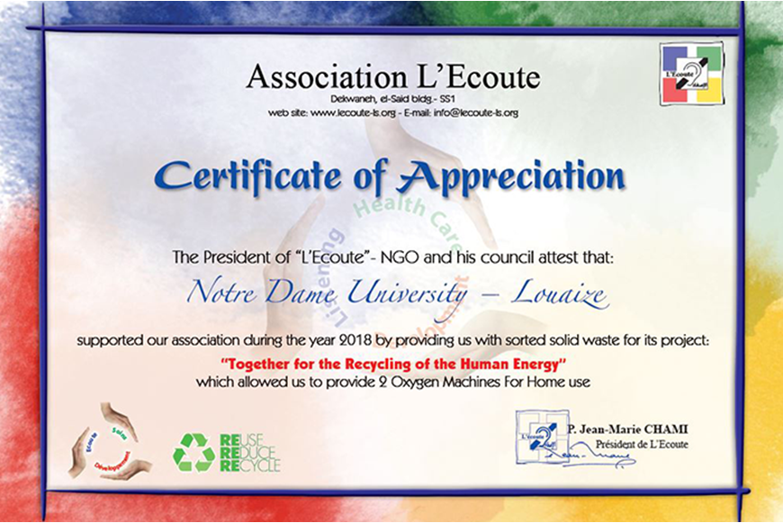 NDU AWARDED CERTIFICATE BY L’ECOUTE ASSOCIATION